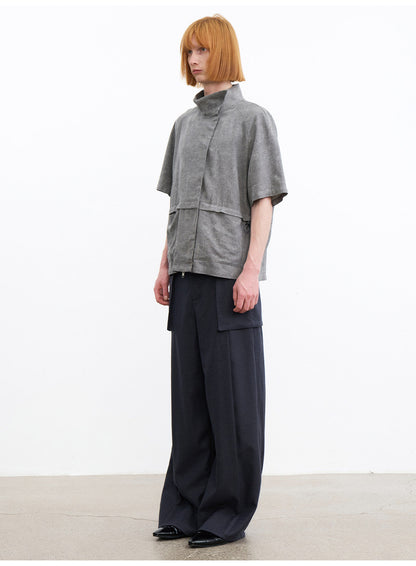 Shirt with a Slanted Collar and Fitted Waist