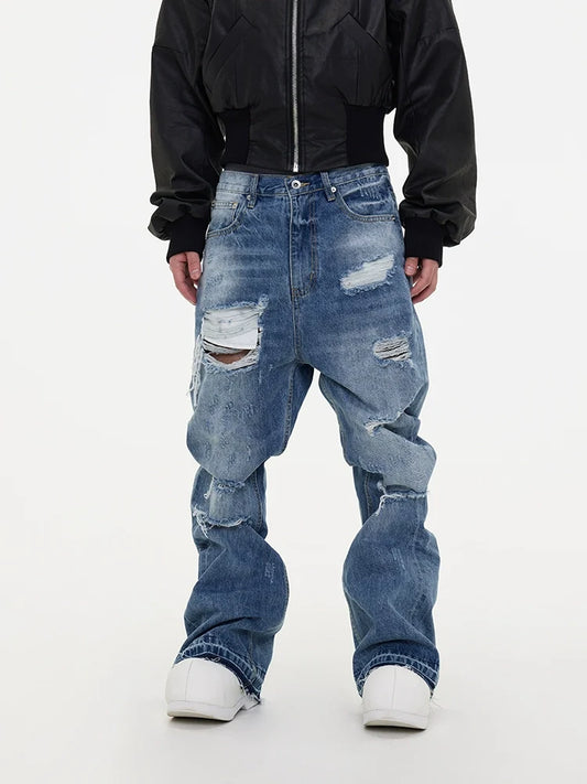 Ripped Damage Fringe Raw Hem Stacked Micro Flare Denim Jeans