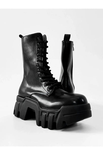 Futuristic Black Zip Platform Combat Boots