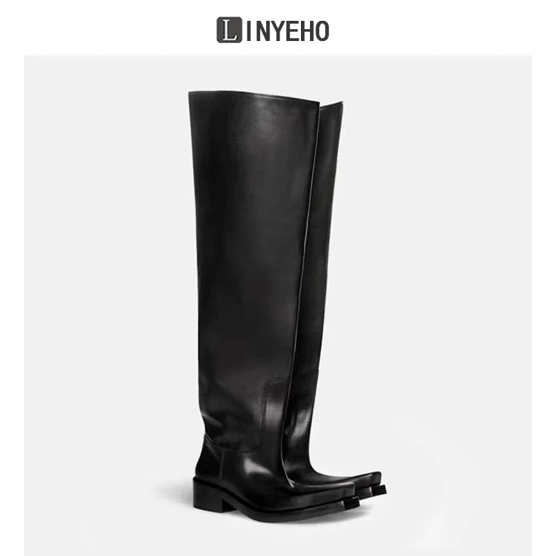 Over-the-Knee Chunky Sole Leather Riding Boots