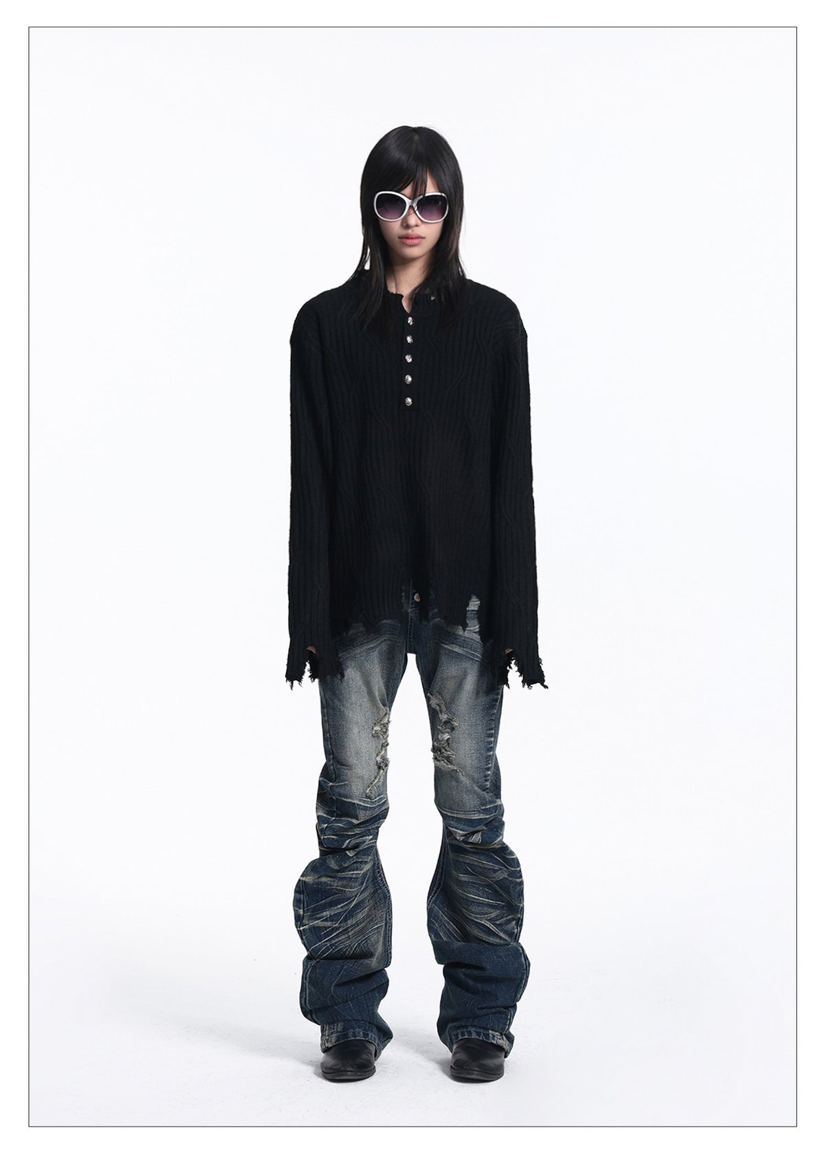 Button-down Crewneck Sweater Loose-fit Top