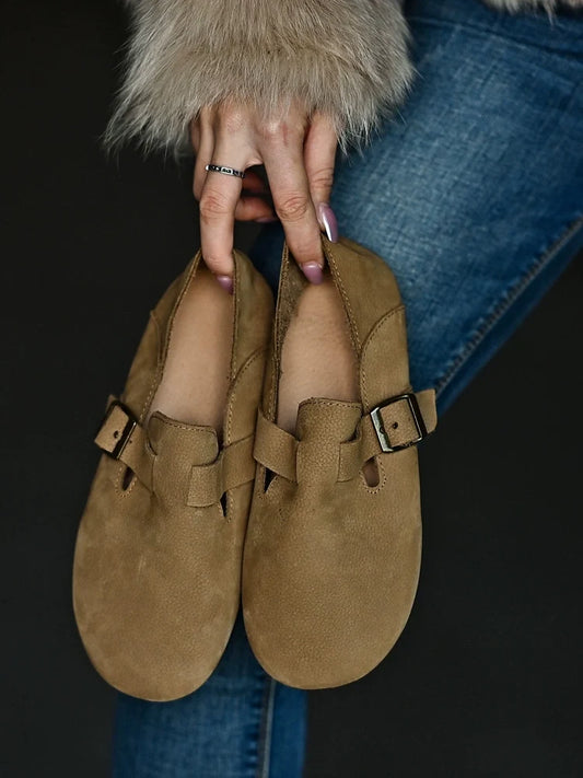 Tan Buckle Leather Loafers