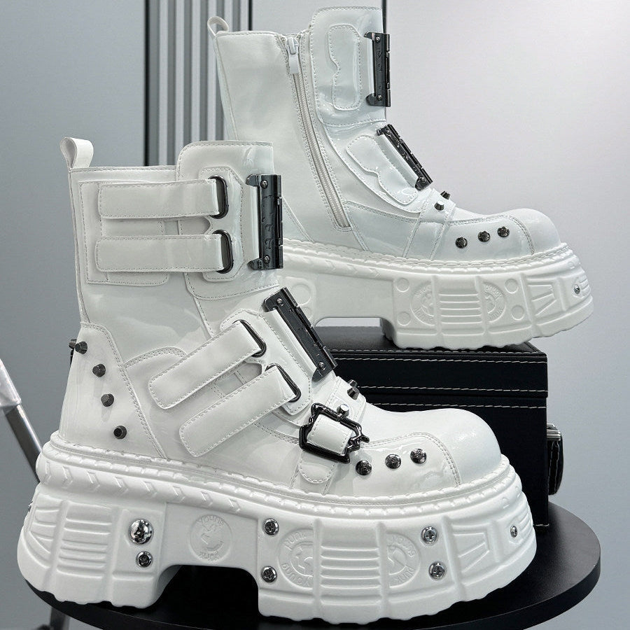 Patent Strap Buckle Studs Platform Short Boots
