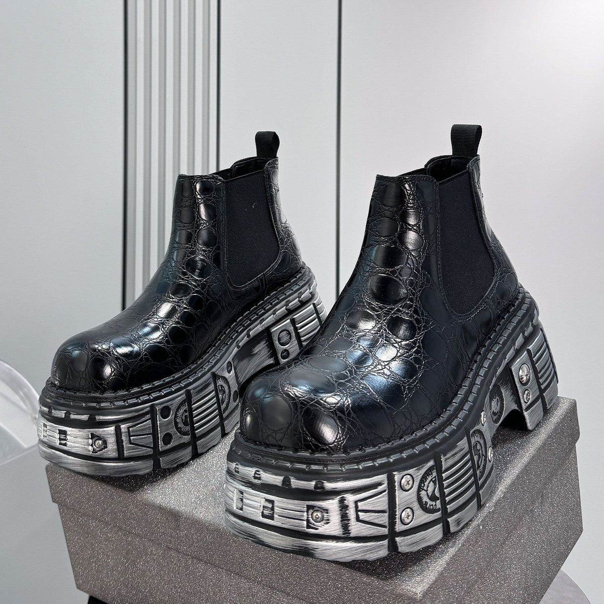 Croc Pattern Side Gore Platform Short Boots