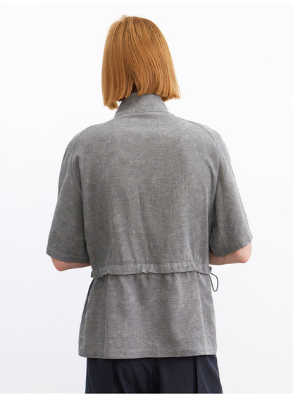 Shirt with a Slanted Collar and Fitted Waist
