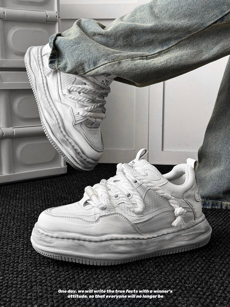 Ivory Distressed Chunky Lace-Up Sneakers
