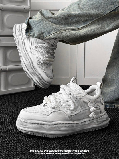 Ivory Distressed Chunky Lace-Up Sneakers