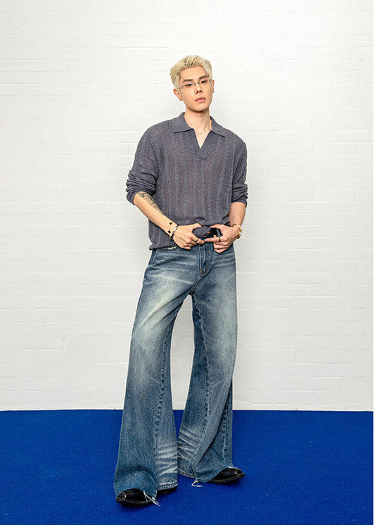 Water-washed micro-ripped jeans