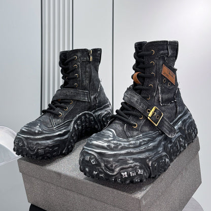 Denim Strap Buckle Platform Sneaker Boots WN24652