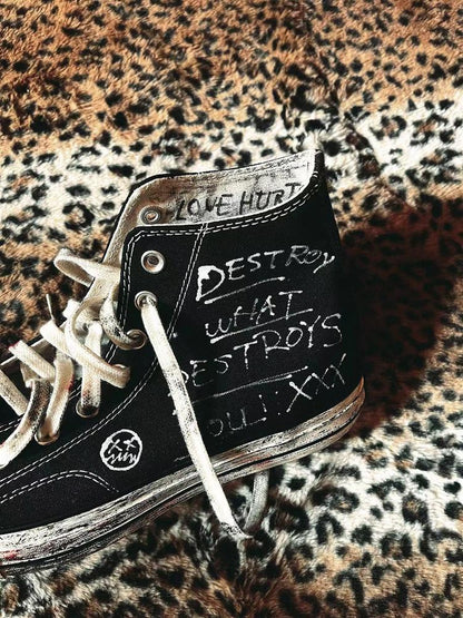Hand-Drawn Washed High-Top Canvas Shoes