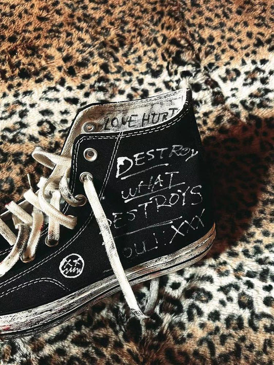 Hand-Drawn Washed High-Top Canvas Shoes