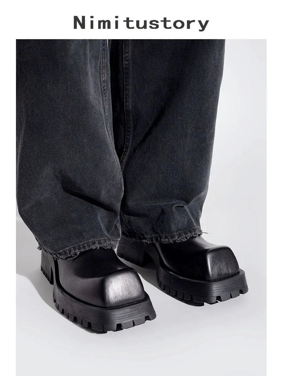 Upturned Toe Square Toe Chunky Sole Leather Derby Shoes