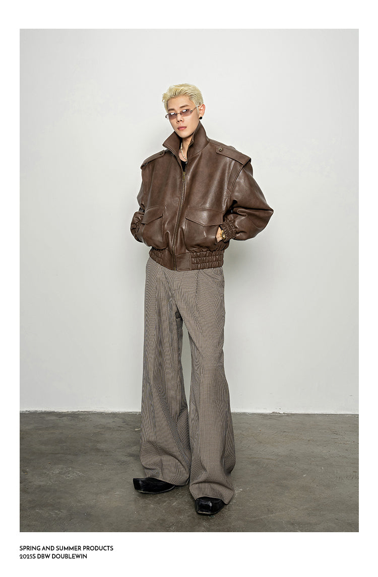 Wide-Shoulder High-Neck Leather Jacket
