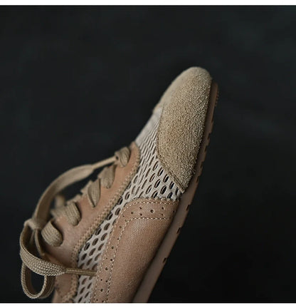 Beige Mesh Suede Lace-Up Sneakers