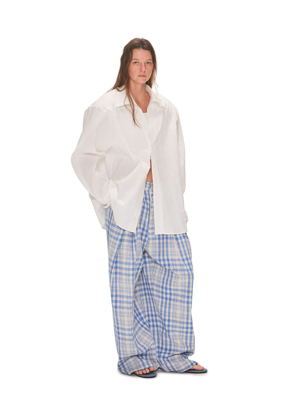 Blue Checkered Pleated Casual Pants