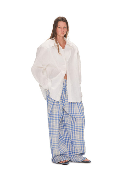 Blue Checkered Pleated Casual Pants