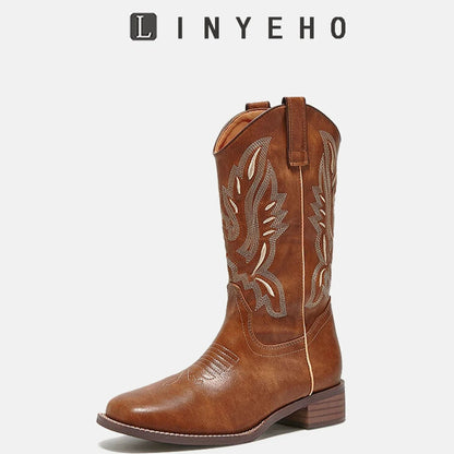 Embroidery Square-Toe Mid-Calf Boots