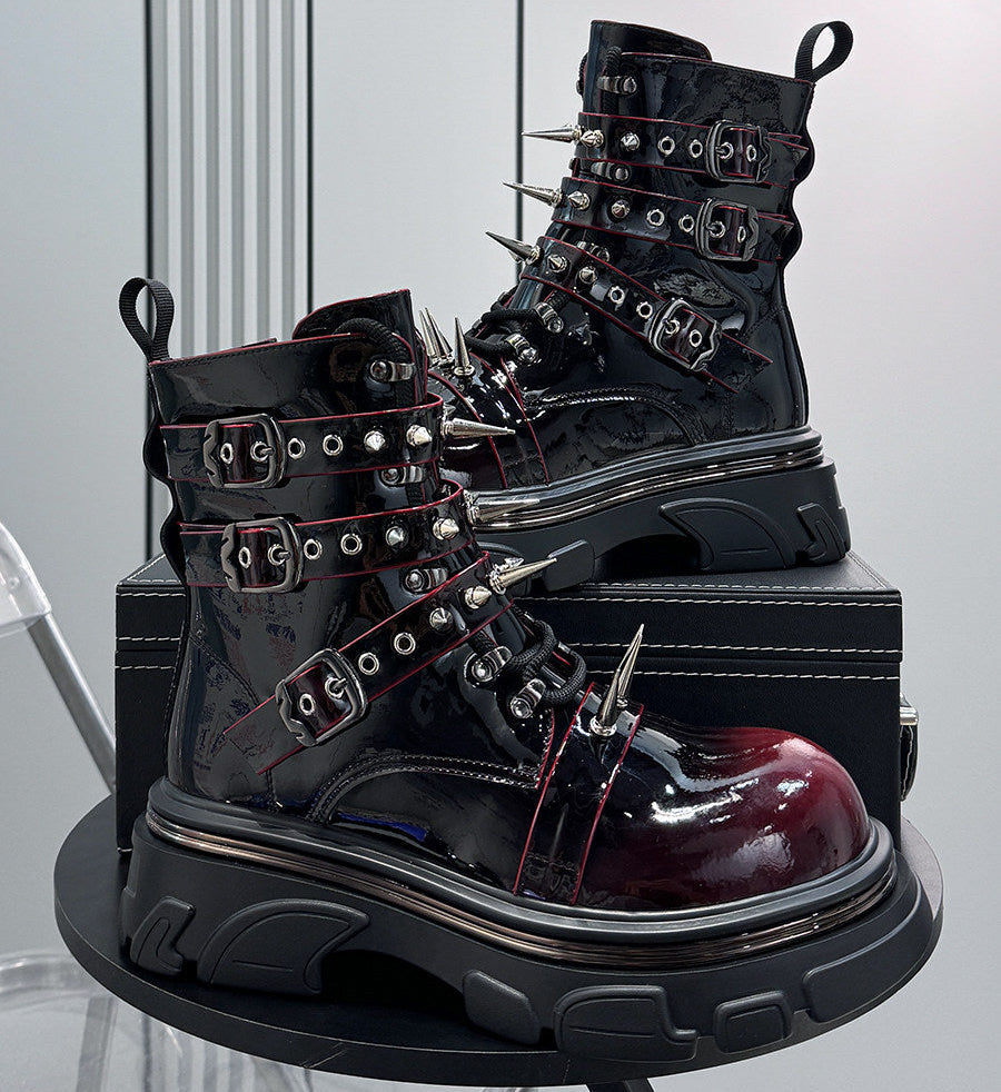 Patent Strap Buckle Spike Platform Boots