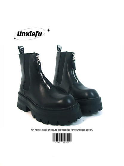 Chunky Sole Leather Zipper Chelsea Boots