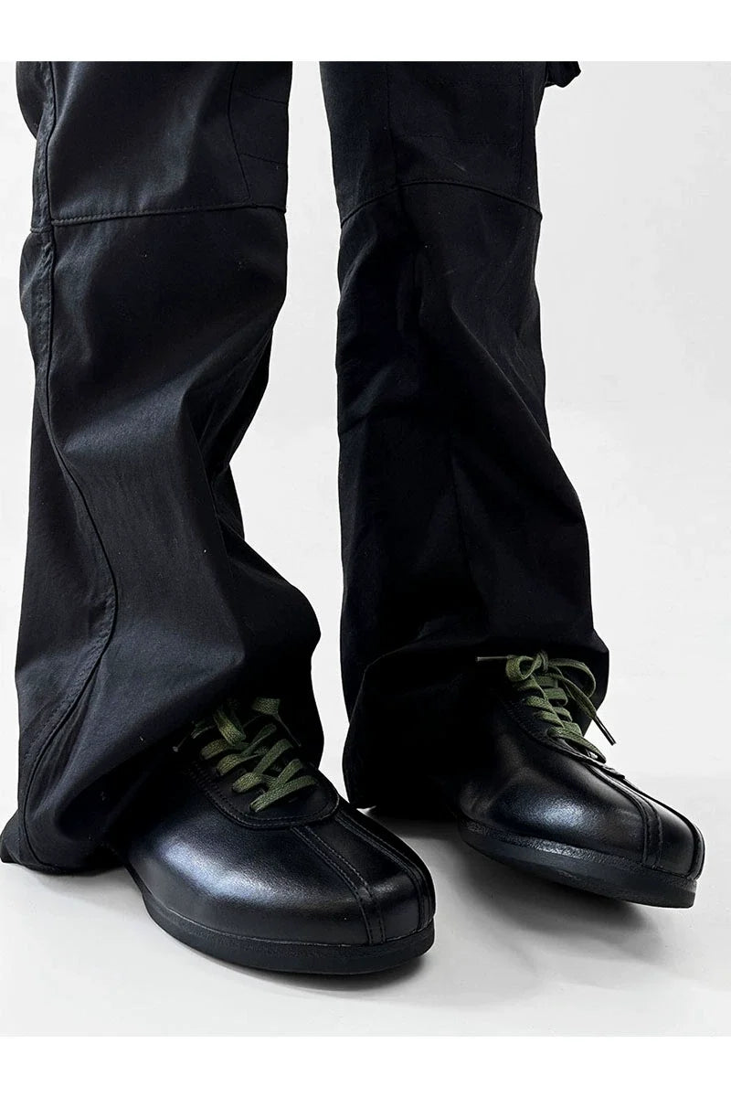 Black Split-Toe Derby Shoes with Green Laces