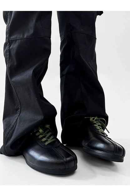 Black Split-Toe Derby Shoes with Green Laces