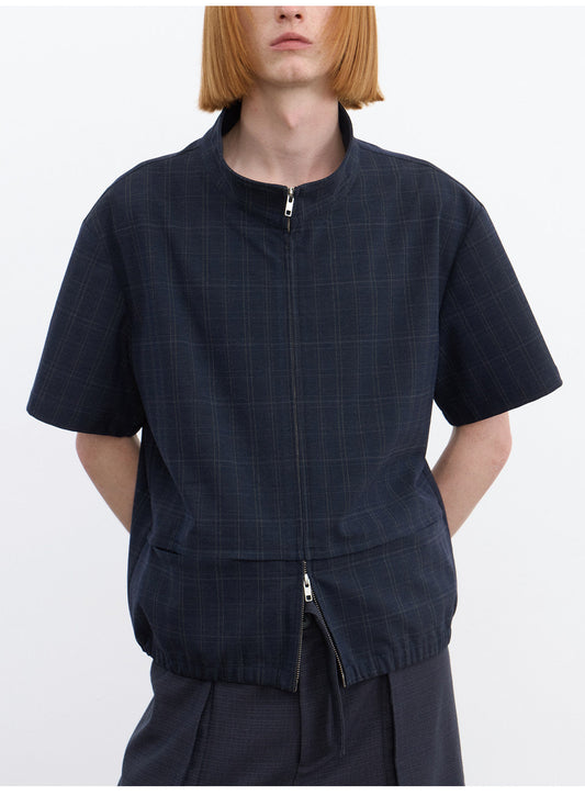 Dark Check Pattern Zipper Shirt