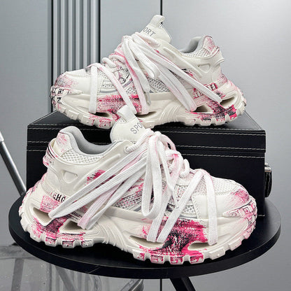 Paint Mesh Rope Lace Chunky Sole Sneakers