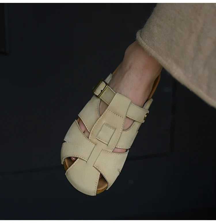 Beige Leather Buckle Strap Sandals