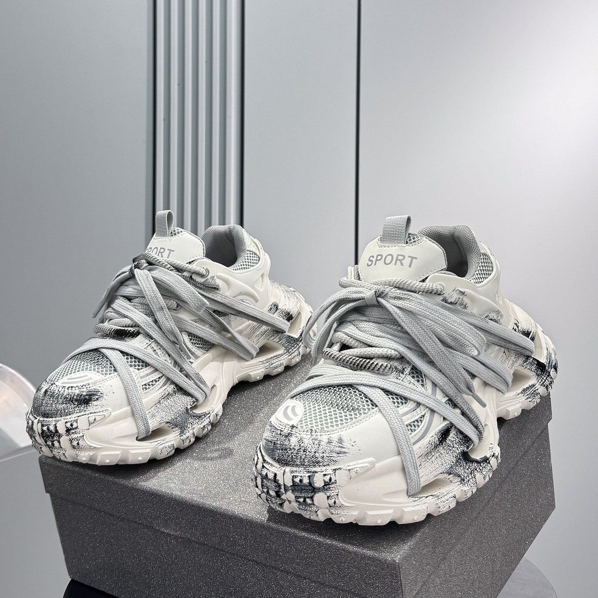 Paint Mesh Rope Lace Chunky Sole Sneakers