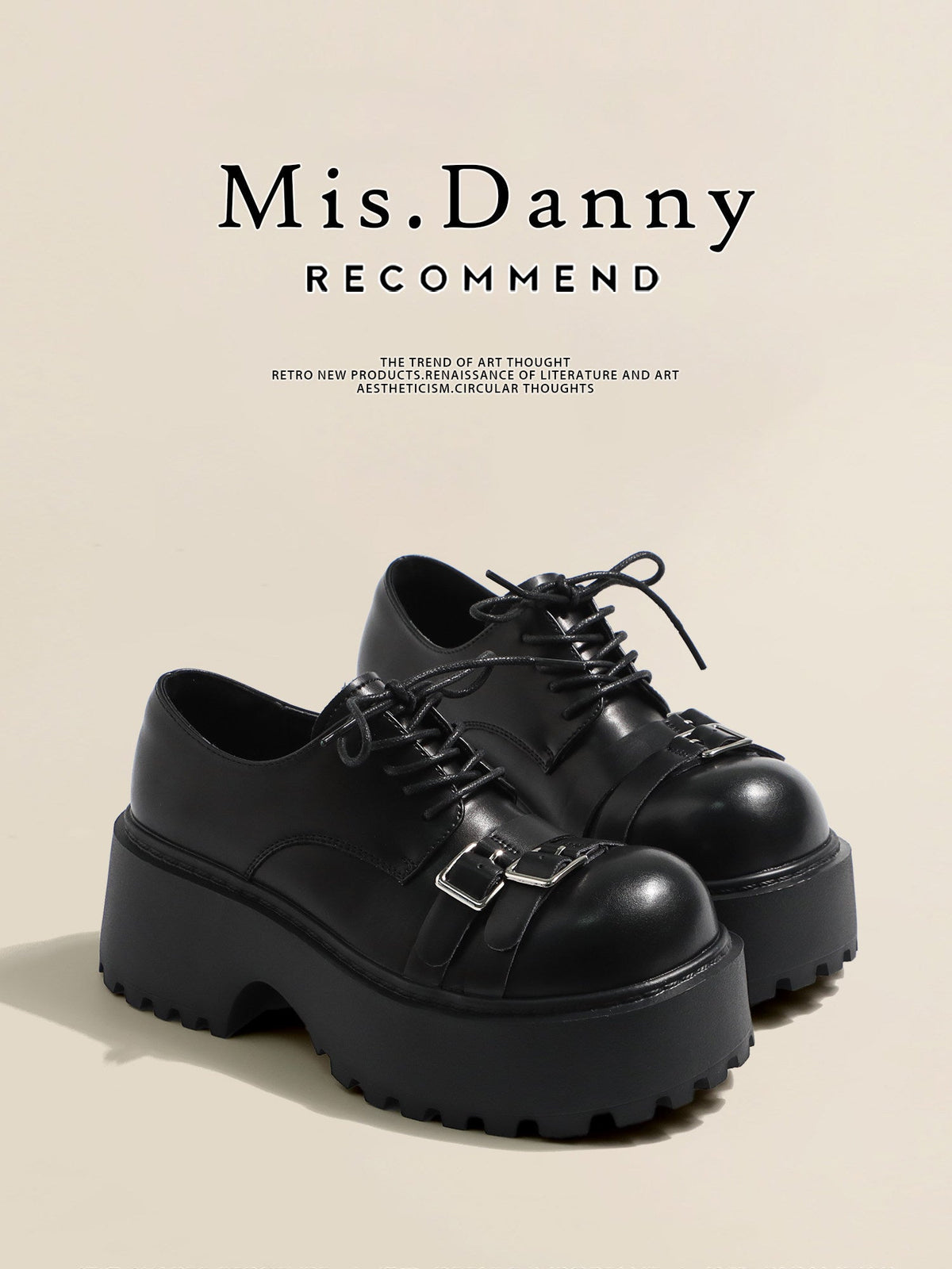 Metal Buckle Platform Round Toe Lace-Up Heeled Shoes