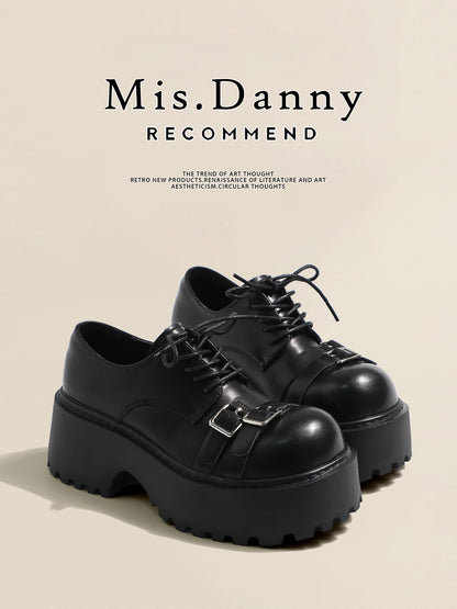 Metal Buckle Platform Round Toe Lace-Up Heeled Shoes