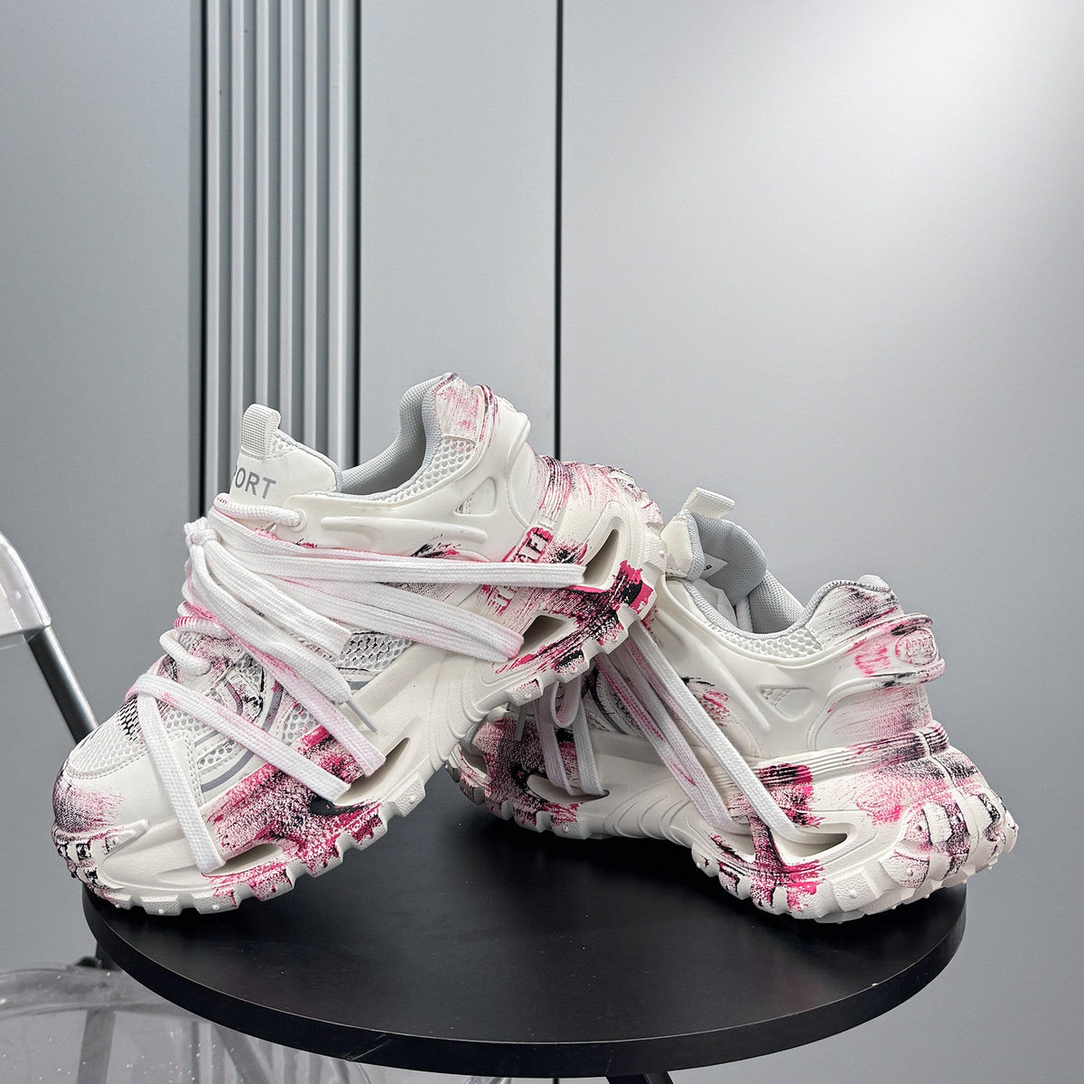 Paint Mesh Rope Lace Chunky Sole Sneakers