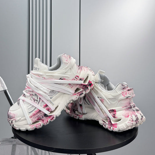 Paint Mesh Rope Lace Chunky Sole Sneakers