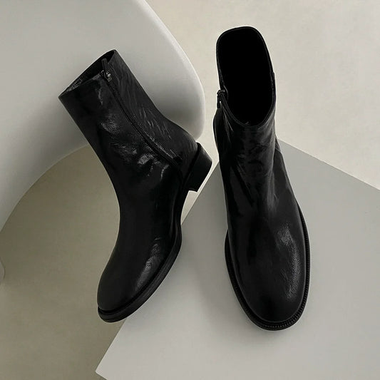 Round Toe PU Leather Mid Cut Boots