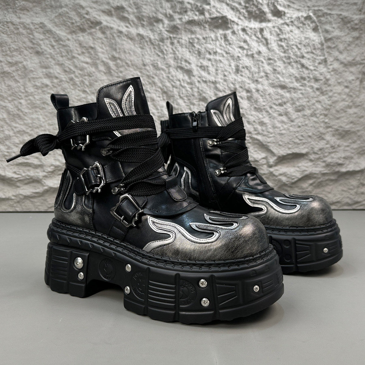 Flame Embroidery Strap Buckle Platform Short Boots