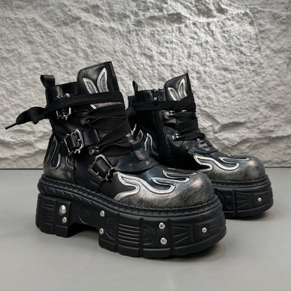 Flame Embroidery Strap Buckle Platform Short Boots