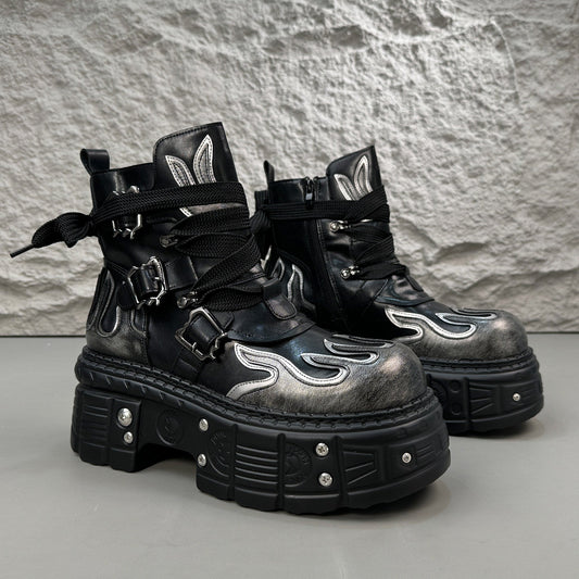 Flame Embroidery Strap Buckle Platform Short Boots