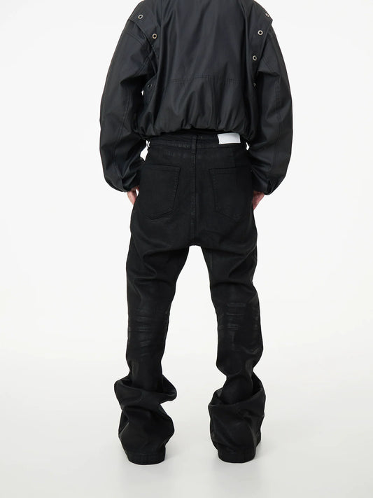 Coated Creased Texture Flare Denim Jeans