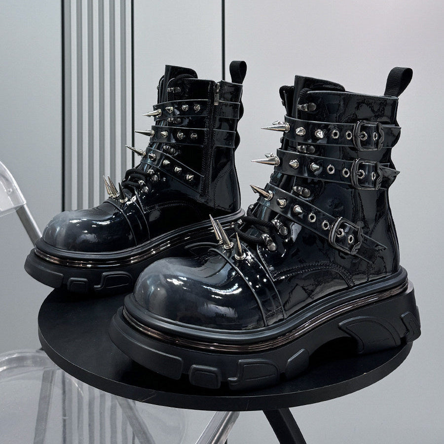 Patent Strap Buckle Spike Platform Boots