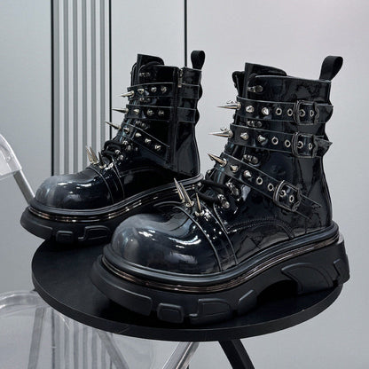 Patent Strap Buckle Spike Platform Boots
