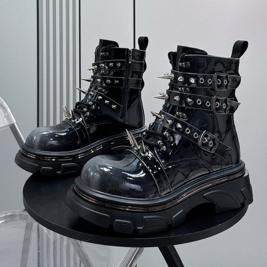 Patent Strap Buckle Spike Platform Boots