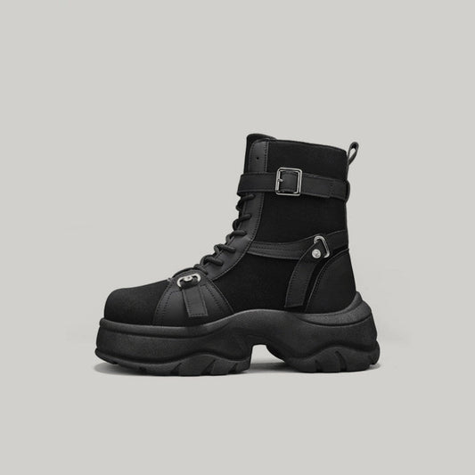 Platform High-Top Metal Buckle Lace-Up Boots