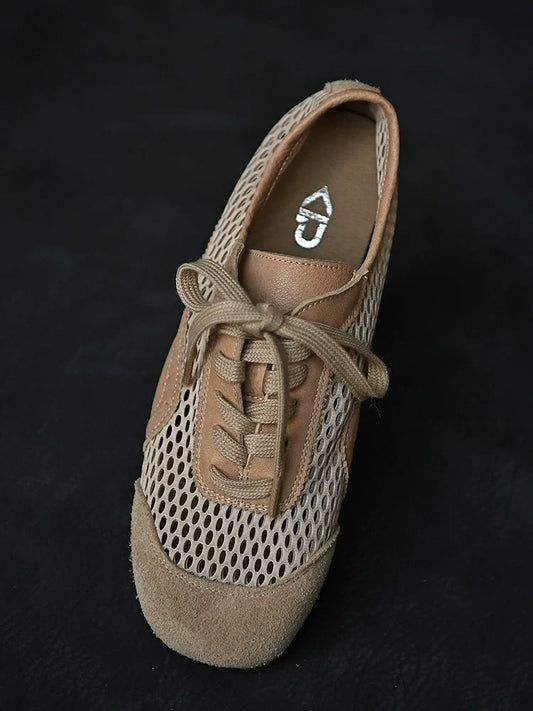 Beige Mesh Suede Lace-Up Sneakers