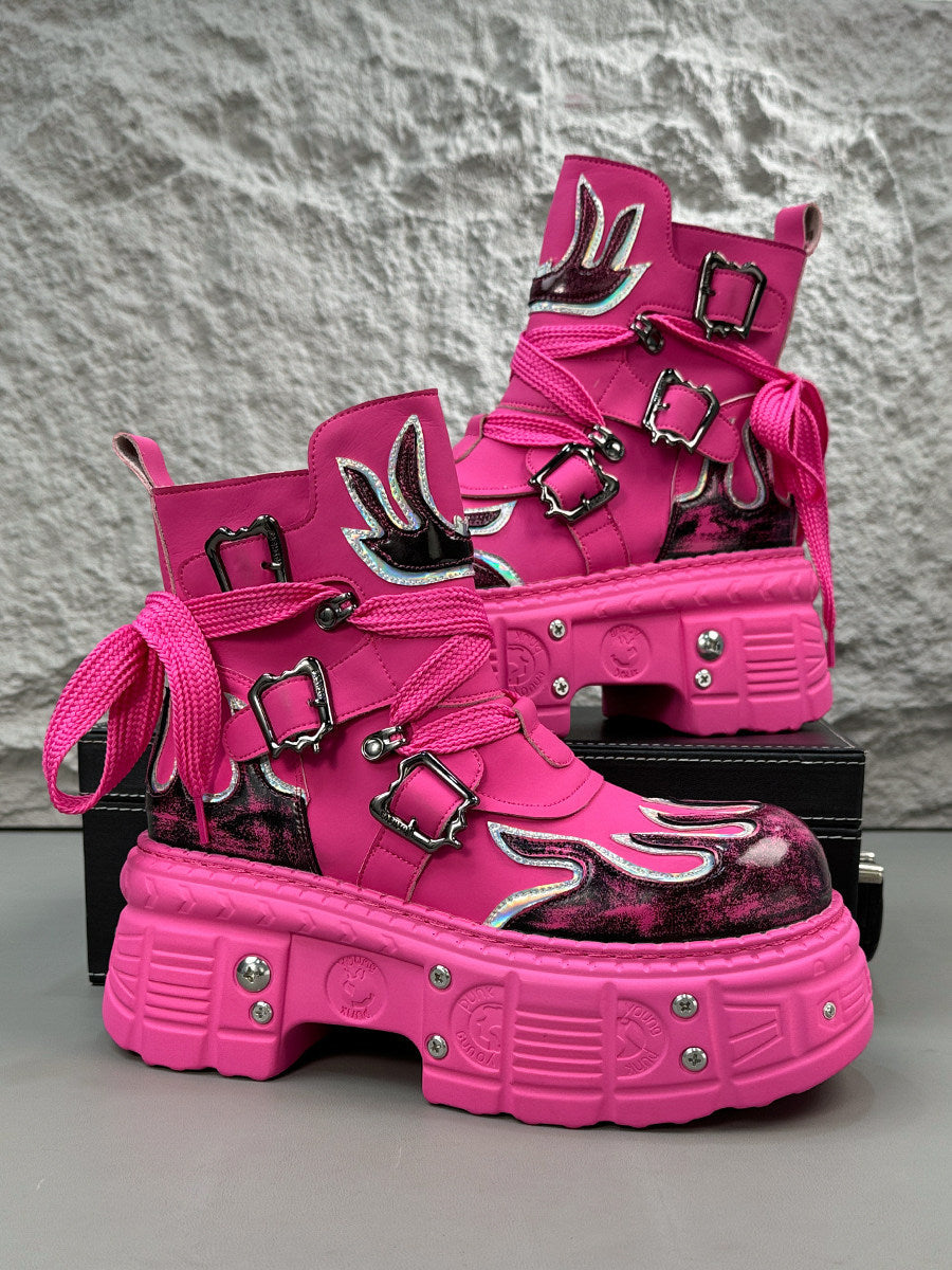 Flame Embroidery Strap Buckle Platform Short Boots