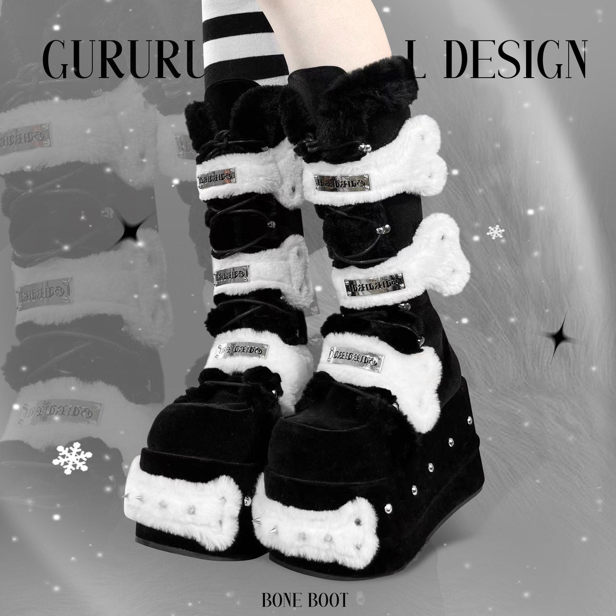 Y2K Rivet Fake Fur Platform Long Boots