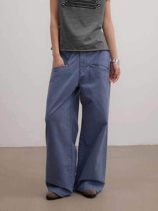 Faded Eyelet Pockets Straight Pants