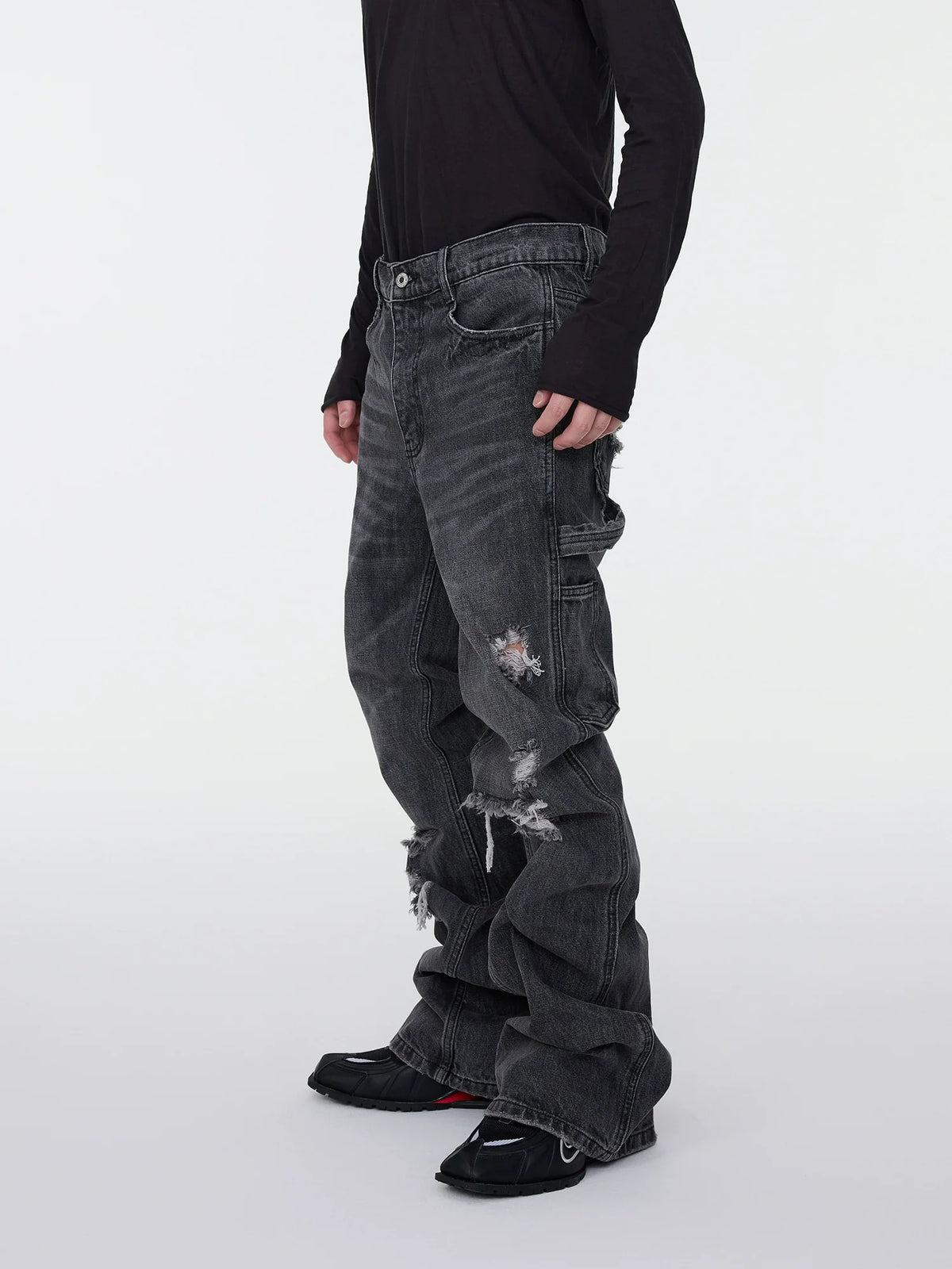 Whisker Rip Damage Stacked Flare Denim Jeans
