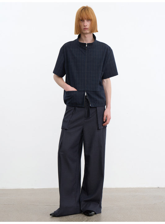 Dark Check Pattern Zipper Shirt