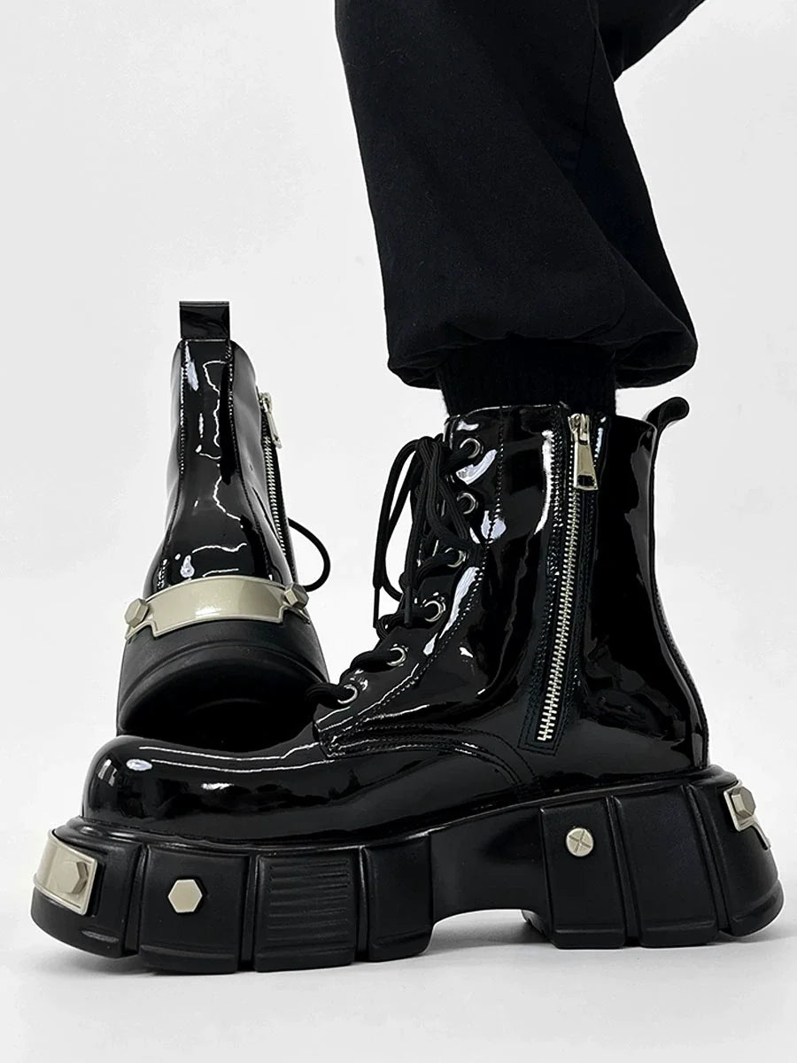 Chunky Sole Zipper Design High-Top Leather Boots