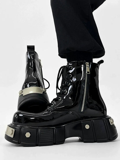 Chunky Sole Zipper Design High-Top Leather Boots